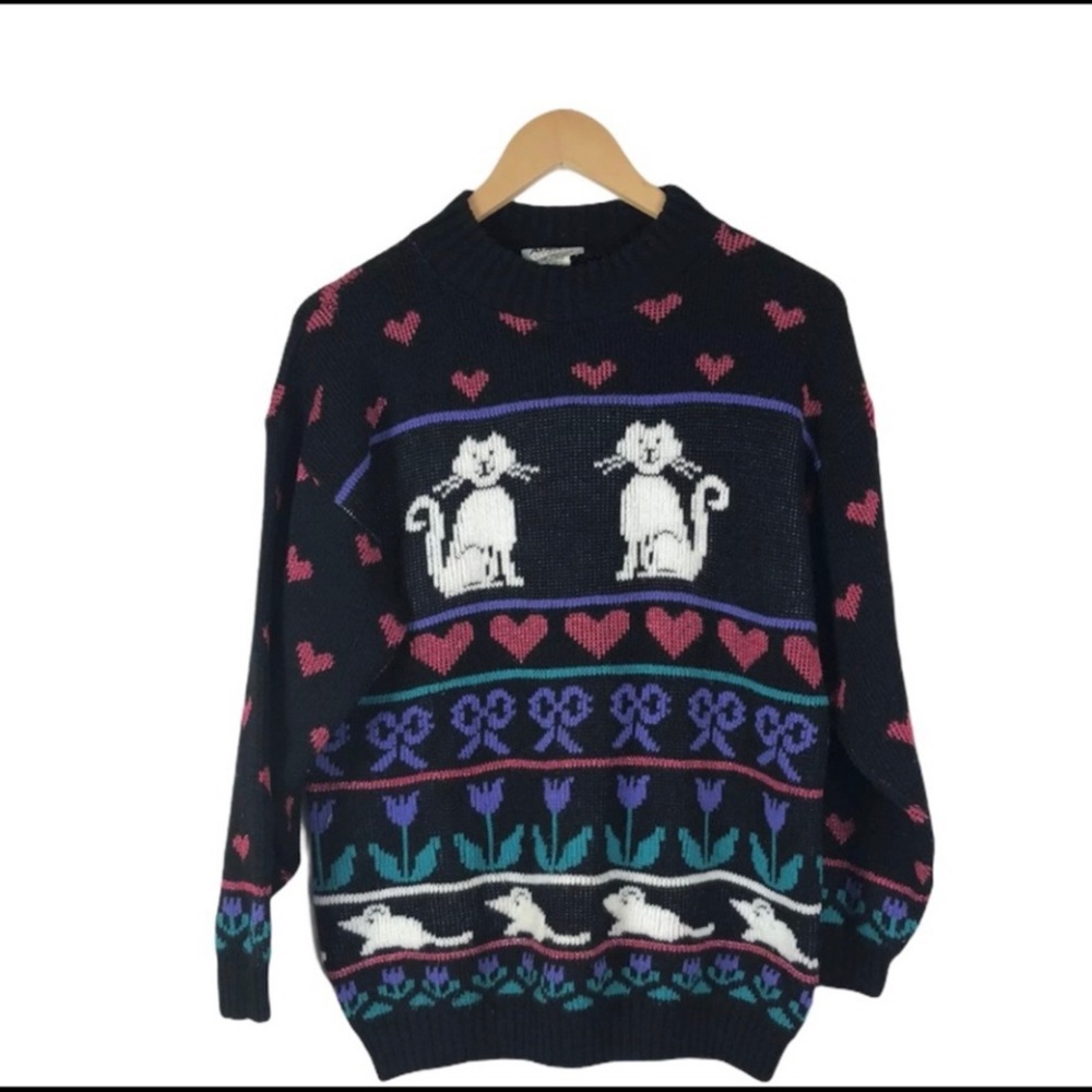 Adele kitty fairy kei shimmer sweater Large vintage 80’s 90’s cat lover